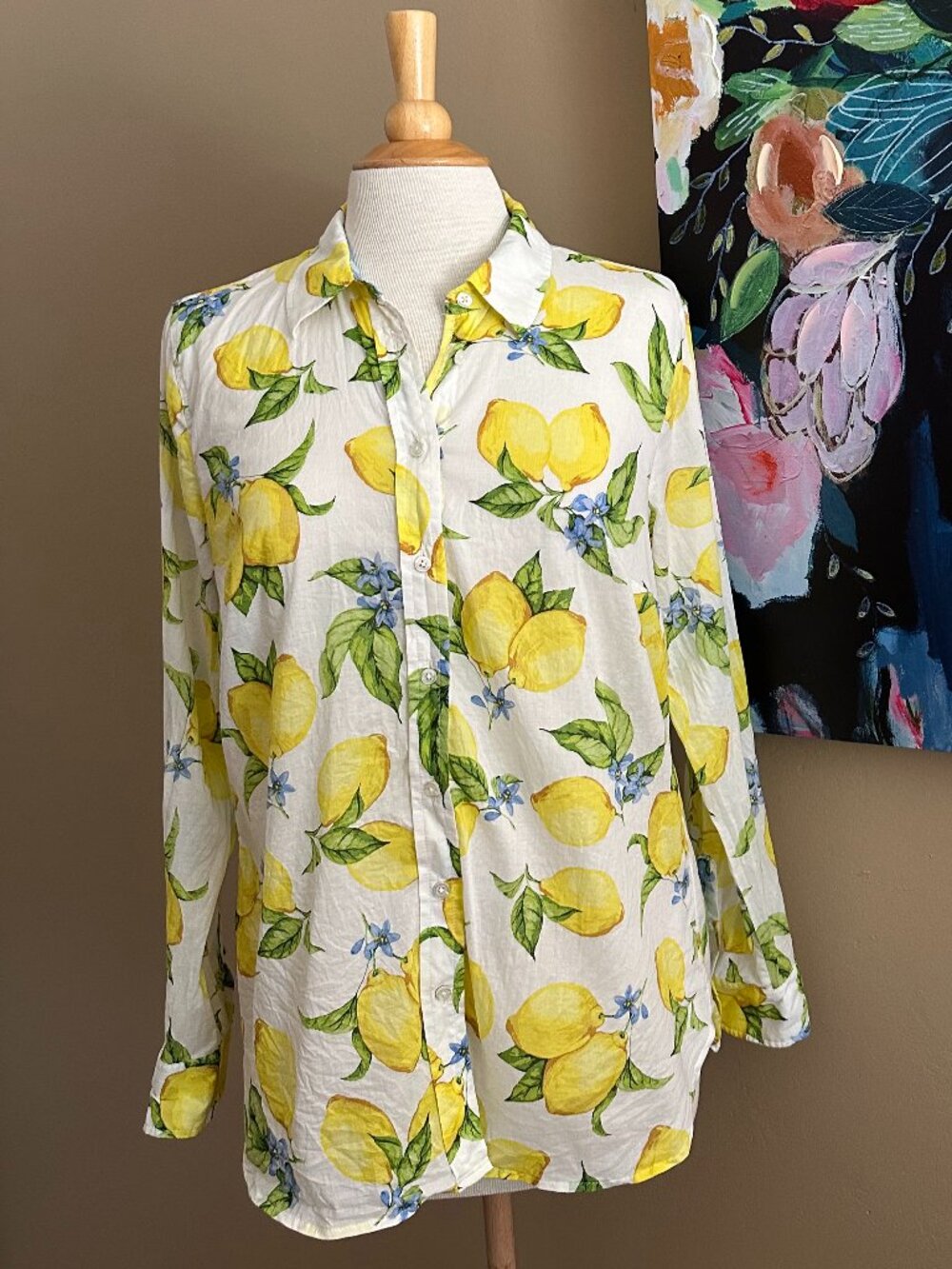 Talbots Lemon Print 100% Cotton Button Front Shirt Medium Coastal Cottagecore